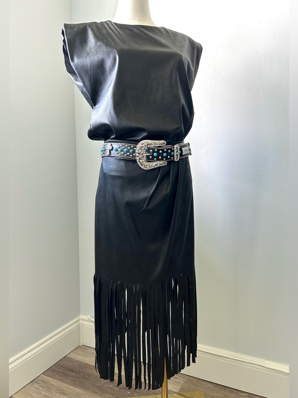 Venti6 Western Black Italian Made Faux Leather Fringe Skirt Set Womens M